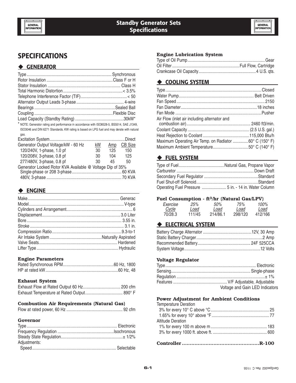 Specifications | Generac Power Systems 005219-0 User Manual | Page 10 / 60
