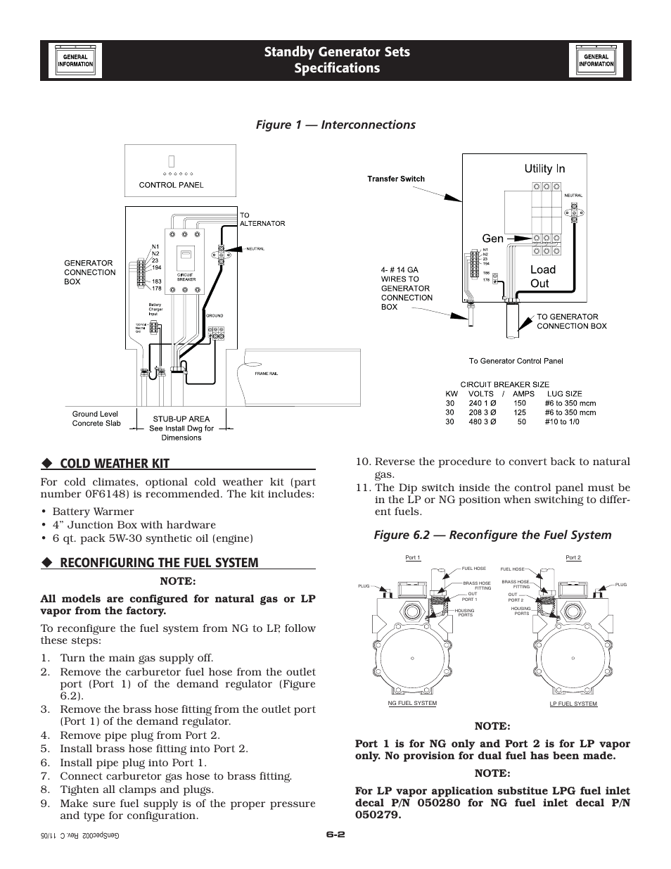 Cold weather kit, Reconfiguring the fuel system, Standby generator sets specifications | Figure 6.2 — reconfigure the fuel system, Figure 1 — interconnections | Generac Power Systems 005219-0 User Manual | Page 11 / 60
