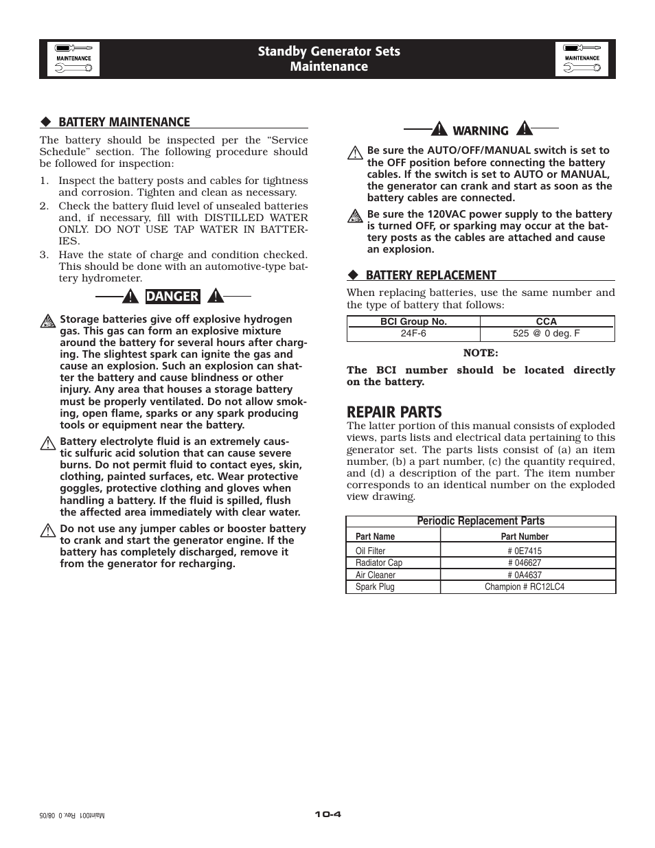 Repair parts | Generac Power Systems 005219-0 User Manual | Page 19 / 60