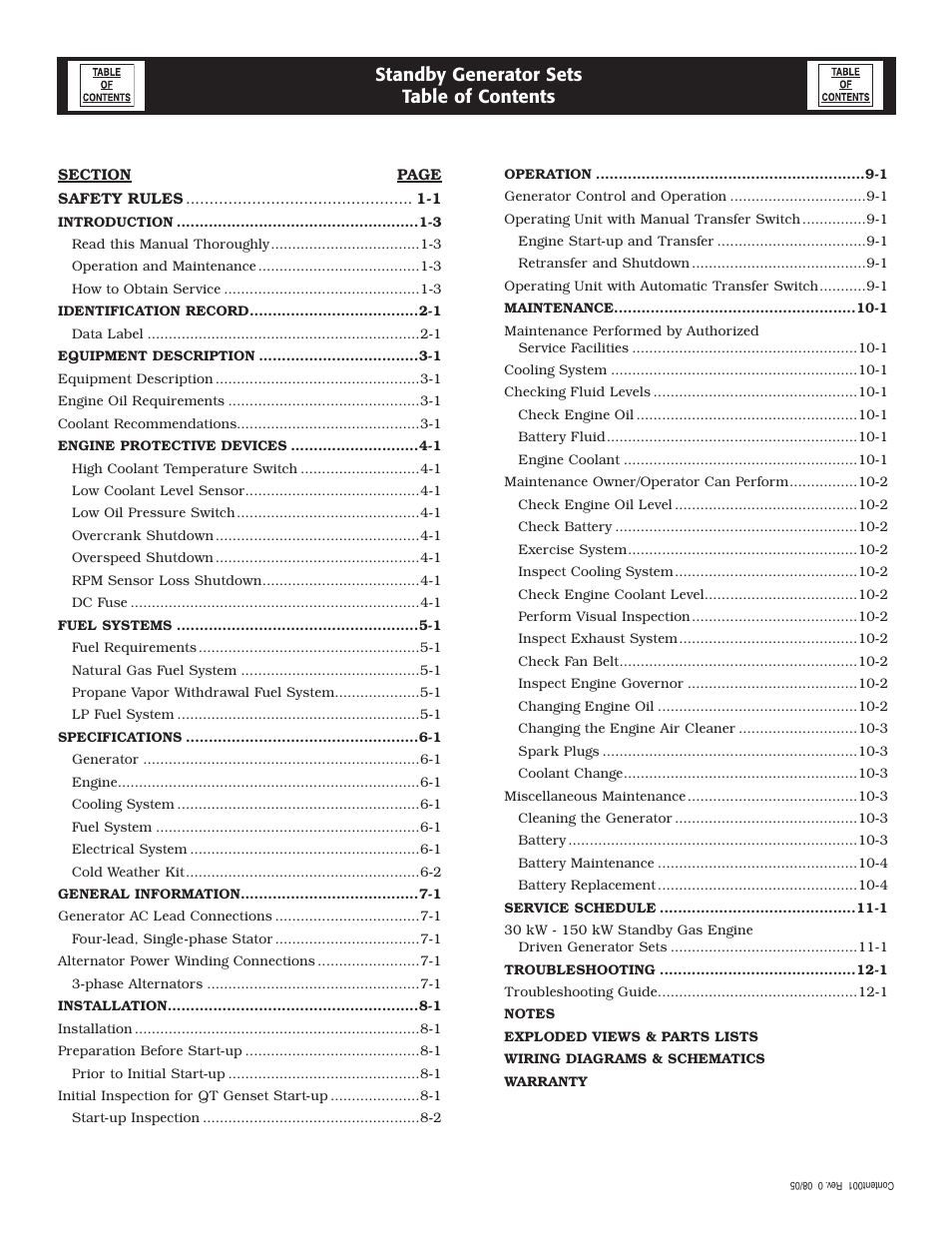 Standby generator sets table of contents | Generac Power Systems 005219-0 User Manual | Page 2 / 60