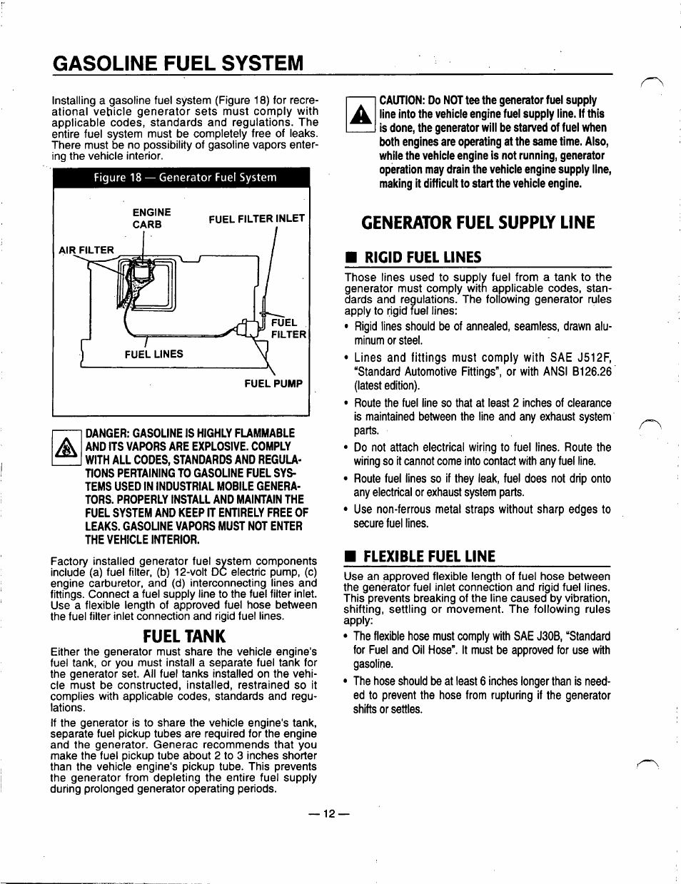 Gasoline fuel system, Fuel tank, Generator fuel supply line | Fuel tank generator fuel supply line | Generac Power Systems 91355 User Manual | Page 14 / 32