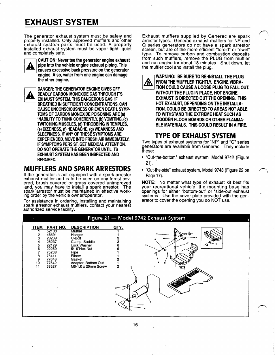 Exhaust system, Mufflers and spark arrestors, Type of exhaust system | Generac Power Systems 91355 User Manual | Page 18 / 32