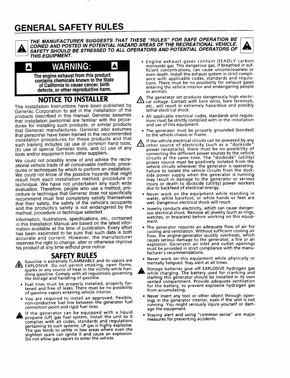 General safety rules, Warning, Notice to installer | Safety rules | Generac Power Systems 91355 User Manual | Page 2 / 32
