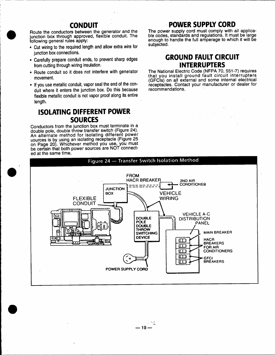 Conduit, Isolating different power sources, Power supply cord | Ground fault circuit interrupters, Isolating different power sources 9 - 2 0 | Generac Power Systems 91355 User Manual | Page 21 / 32
