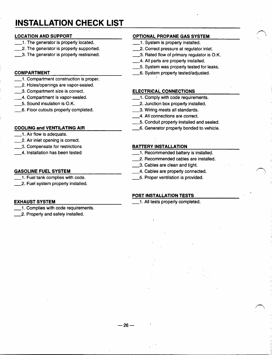 Installation check list | Generac Power Systems 91355 User Manual | Page 28 / 32