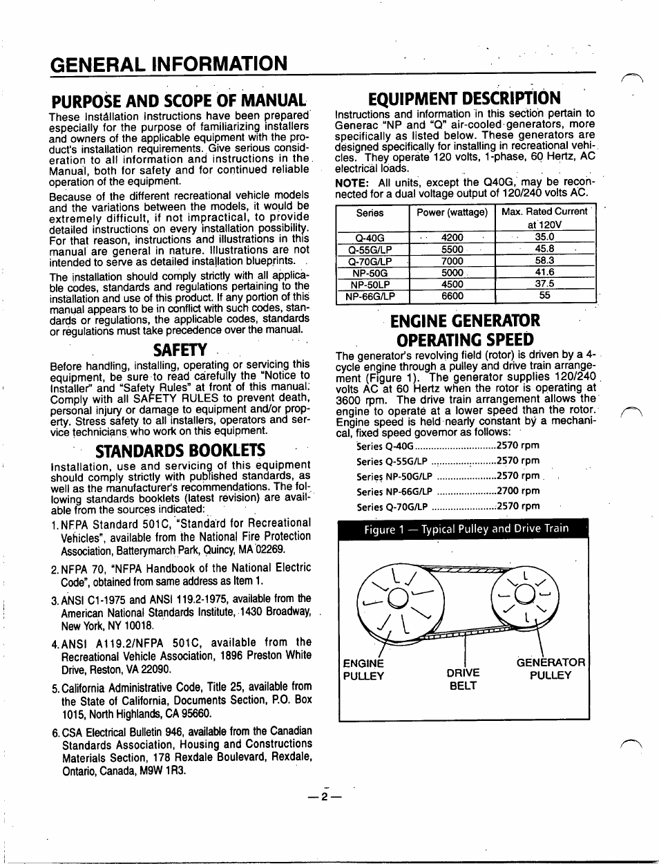General information, Purpose and scope of manual, Safety | Standards booklets, Equipment description, Engine generator operating speed, Standards booklets equipment description | Generac Power Systems 91355 User Manual | Page 4 / 32