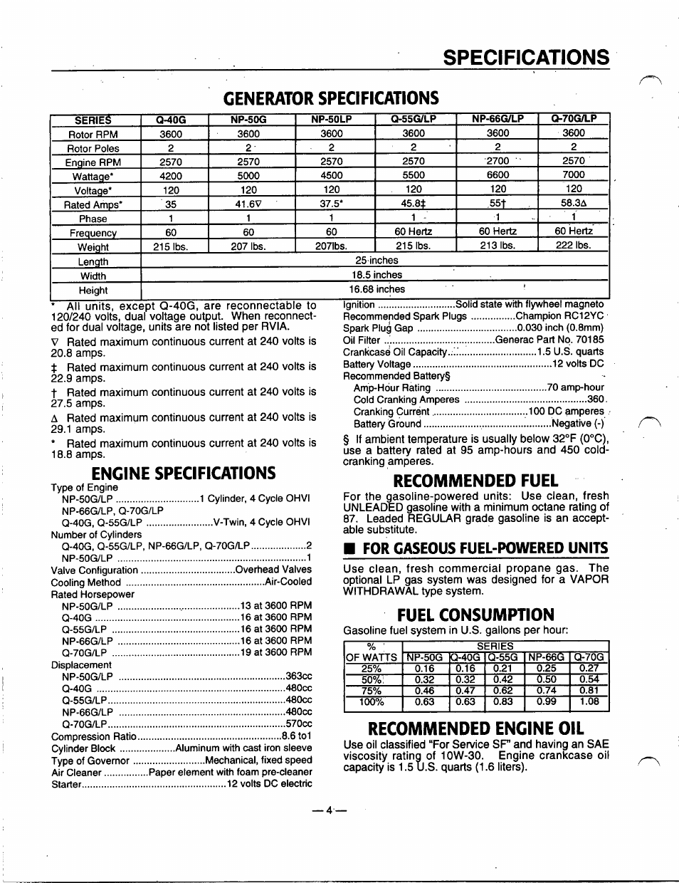Generator specifications, Engine specifications, Recommended fuel | Recommended engine oil, Specifications, Fuel consumption, For gaseous fuel-powered units | Generac Power Systems 91355 User Manual | Page 6 / 32