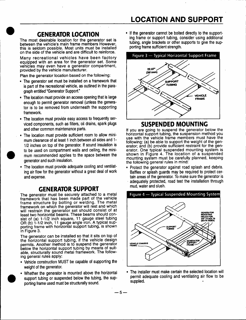 Generator location, Generator support, Location and support | Suspended mounting | Generac Power Systems 91355 User Manual | Page 7 / 32