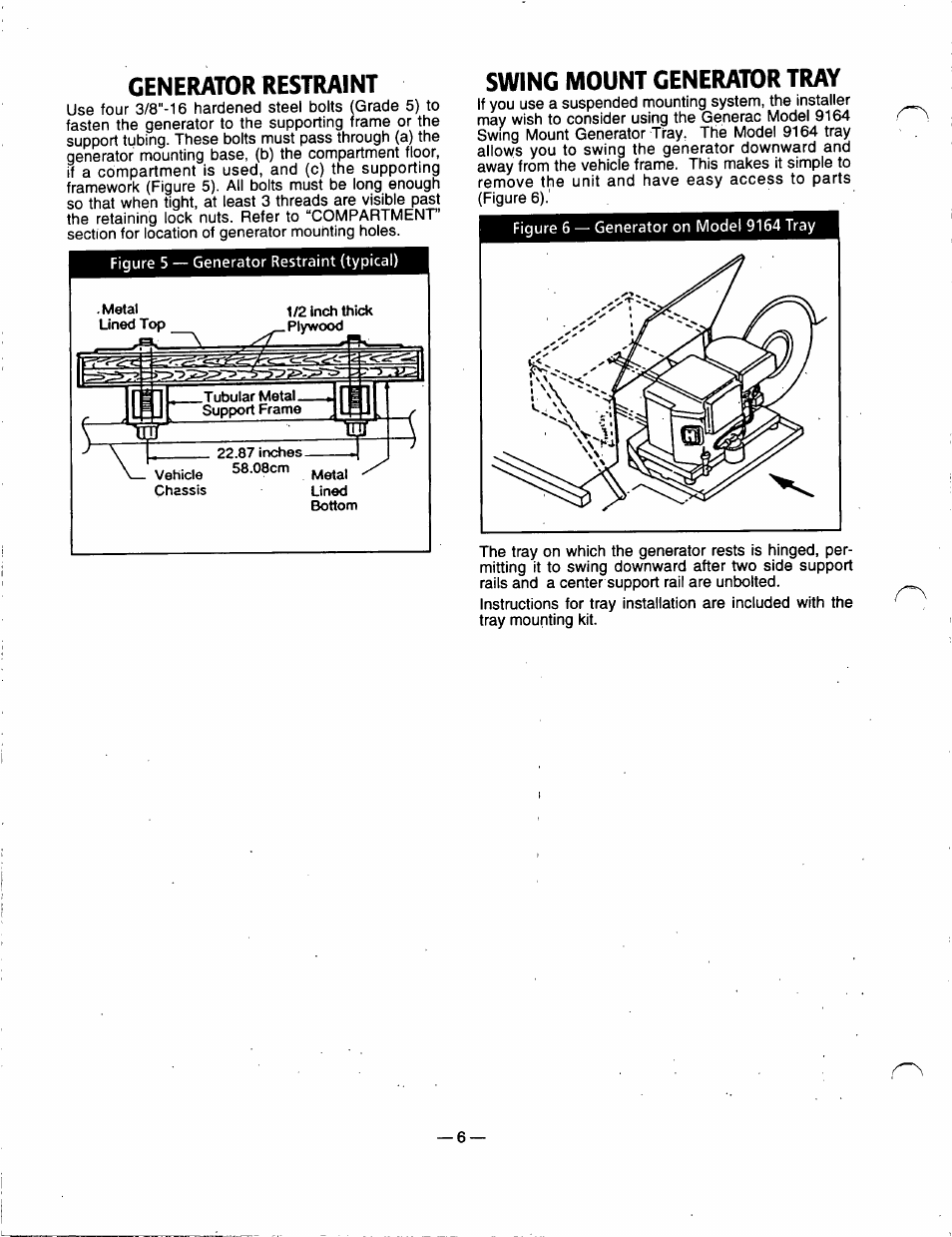 Generator restraint, Swing mount generator tray, Generator restraint swing mount generator tray | Generac Power Systems 91355 User Manual | Page 8 / 32