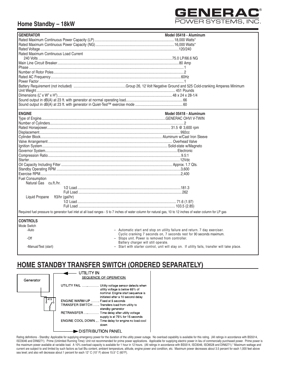 Home standby transfer switch (ordered separately), Home standby – 18kw | Generac Power Systems QUIET TEST 5418 User Manual | Page 3 / 4