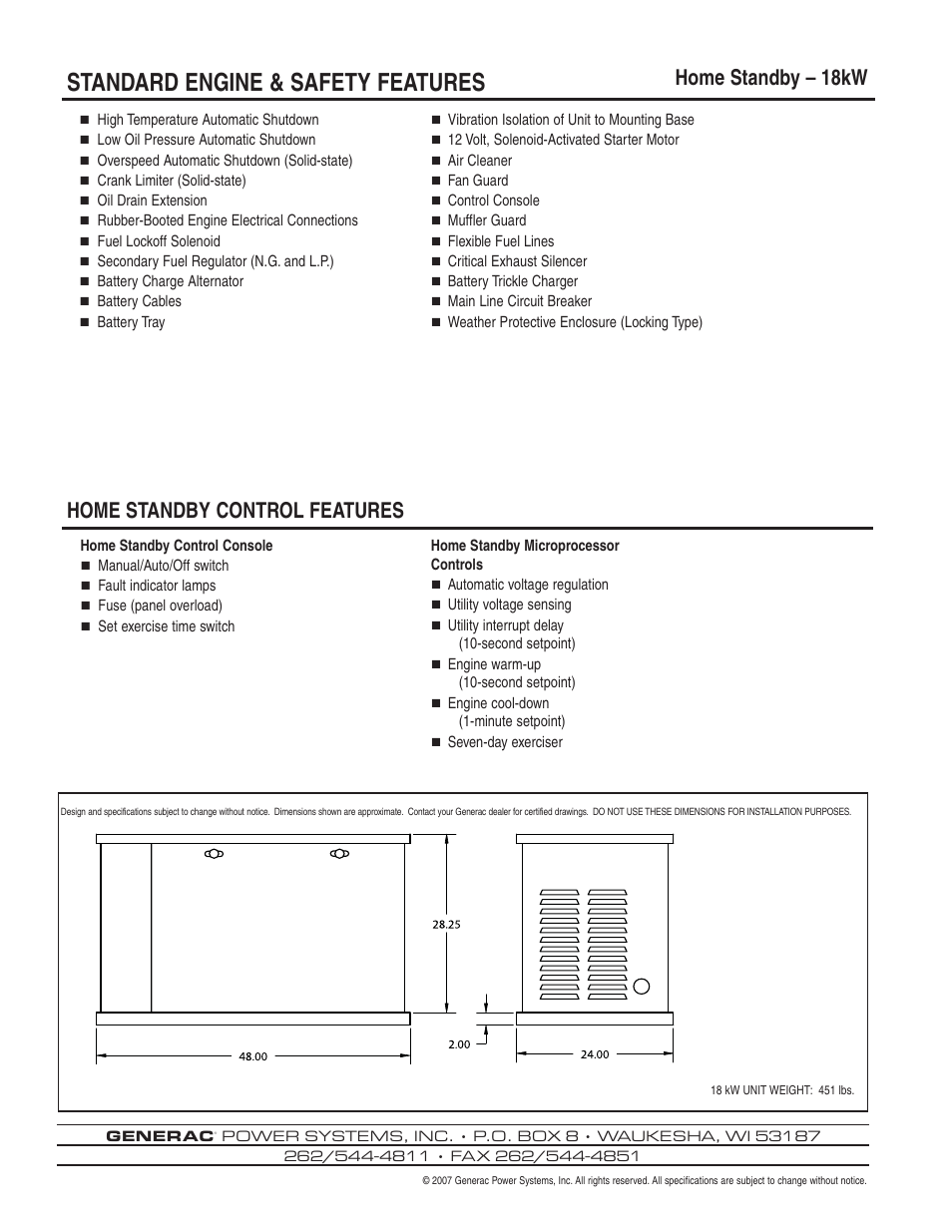 Standard engine & safety features, Home standby – 1 8kw, Home standby control features | Generac Power Systems QUIET TEST 5418 User Manual | Page 4 / 4