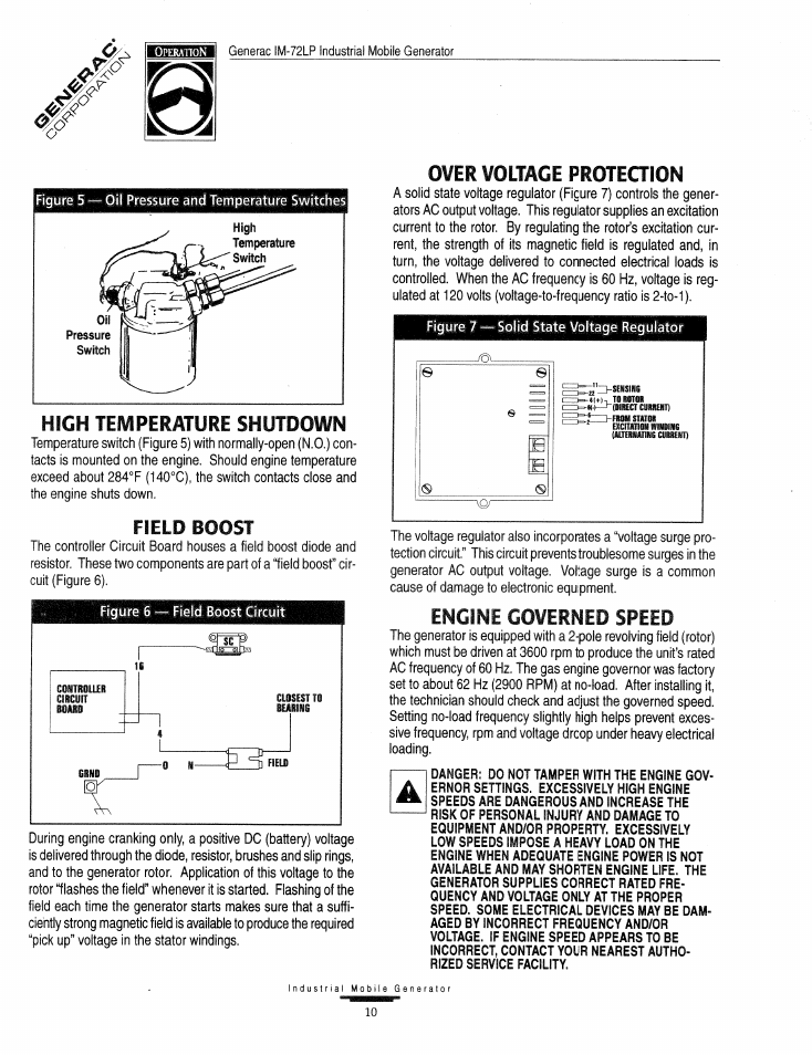 High temperature shutdown, Field boost, Over voltage proteqion | Engine governed speed, High oil temperature shutdown, Over voltage protection | Generac Power Systems Air-cooled Industrial Mobile Generator 09843-2 User Manual | Page 10 / 32