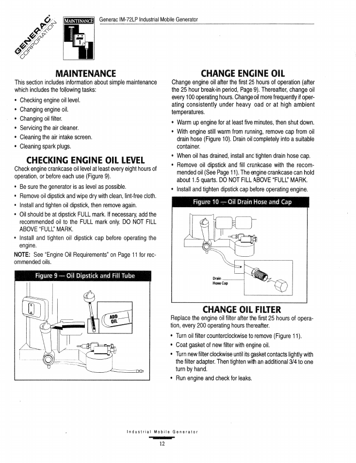 Maintenance, Checking engine oil level, Change engine oil | Change oil filter, Change oil filter -13 | Generac Power Systems Air-cooled Industrial Mobile Generator 09843-2 User Manual | Page 12 / 32