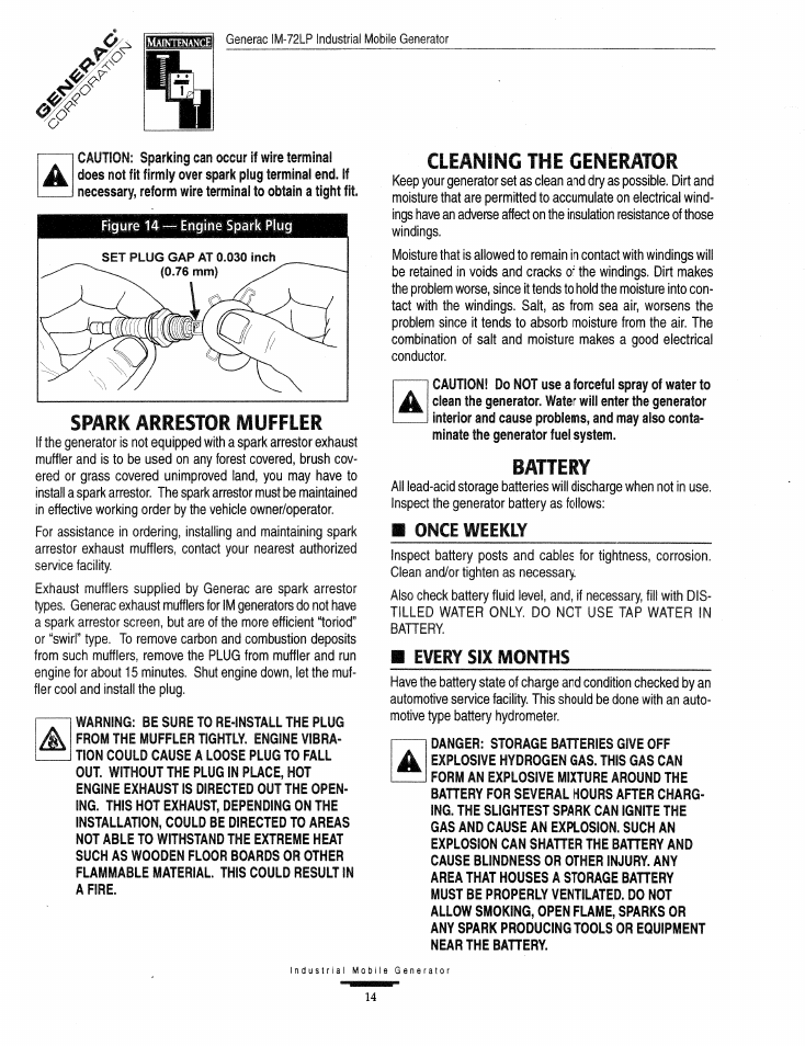 Spark arrestor muffler, Cleaning the generator, Bahery | Generac Power Systems Air-cooled Industrial Mobile Generator 09843-2 User Manual | Page 14 / 32