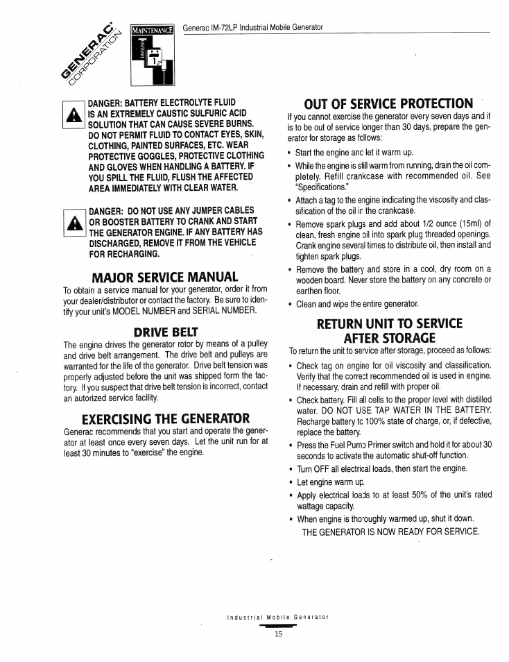 Major service manual, Drive belt, Exercising the generator | Out of service proteqion, Return unit to service after storage, Out of service protection, Return the unit to service after storage | Generac Power Systems Air-cooled Industrial Mobile Generator 09843-2 User Manual | Page 15 / 32