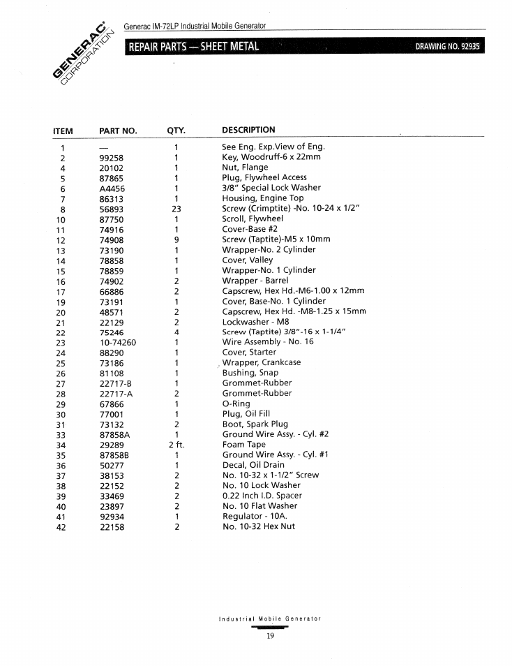 Repair parts-sheet metal | Generac Power Systems Air-cooled Industrial Mobile Generator 09843-2 User Manual | Page 19 / 32