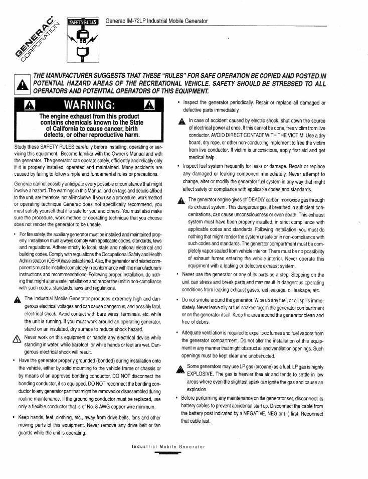 Warning | Generac Power Systems Air-cooled Industrial Mobile Generator 09843-2 User Manual | Page 2 / 32