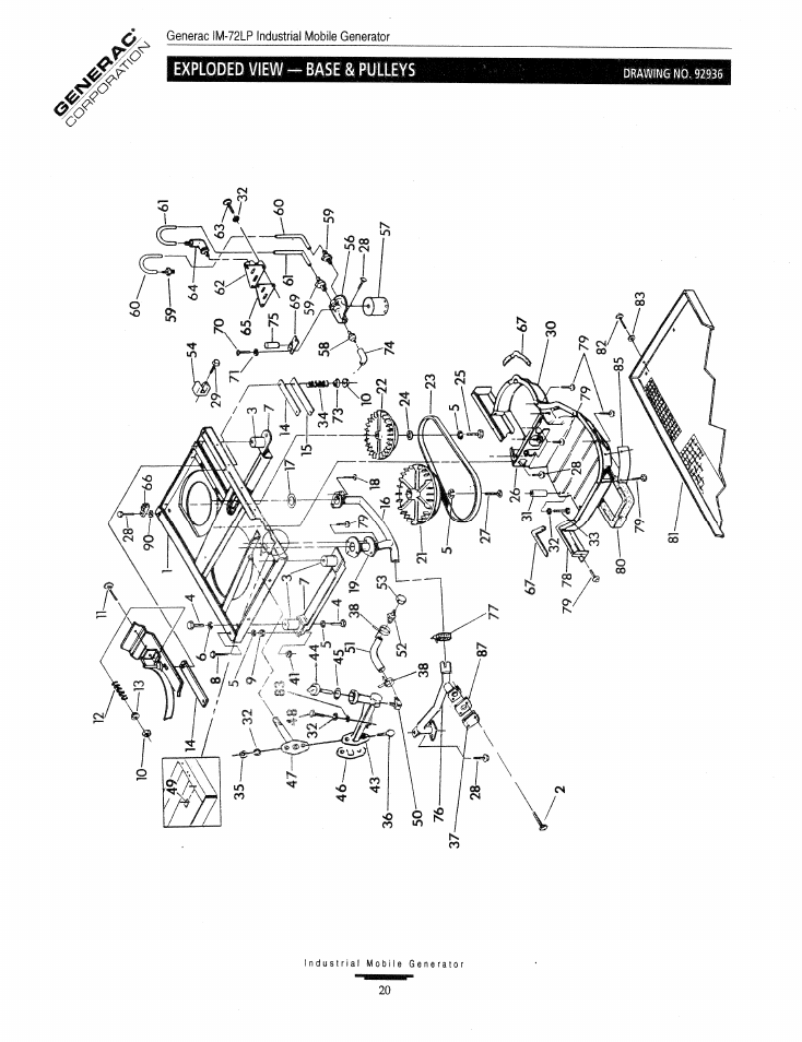 Exploded view - base & pulleys | Generac Power Systems Air-cooled Industrial Mobile Generator 09843-2 User Manual | Page 20 / 32