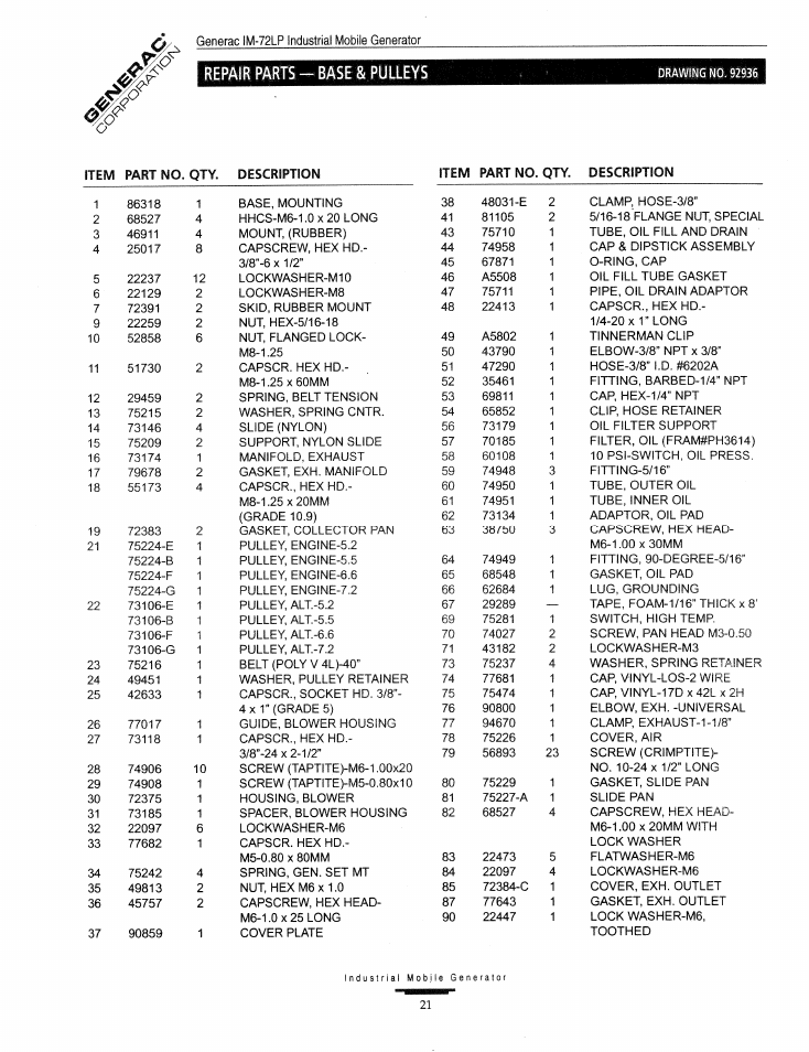 Repair parts-base & pulleys, 4l)-40 | Generac Power Systems Air-cooled Industrial Mobile Generator 09843-2 User Manual | Page 21 / 32