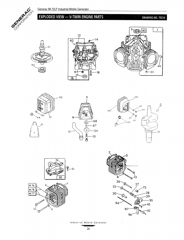 Exploded view - v-twin engine parts | Generac Power Systems Air-cooled Industrial Mobile Generator 09843-2 User Manual | Page 26 / 32