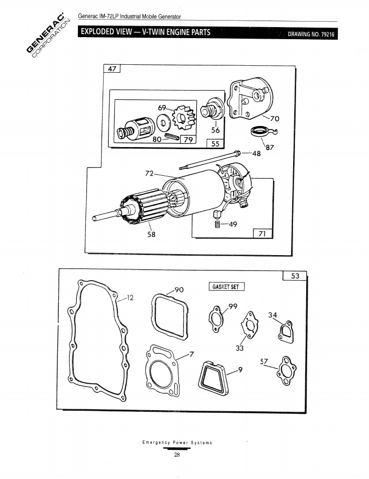Exploded view - v-twin engine parts | Generac Power Systems Air-cooled Industrial Mobile Generator 09843-2 User Manual | Page 28 / 32