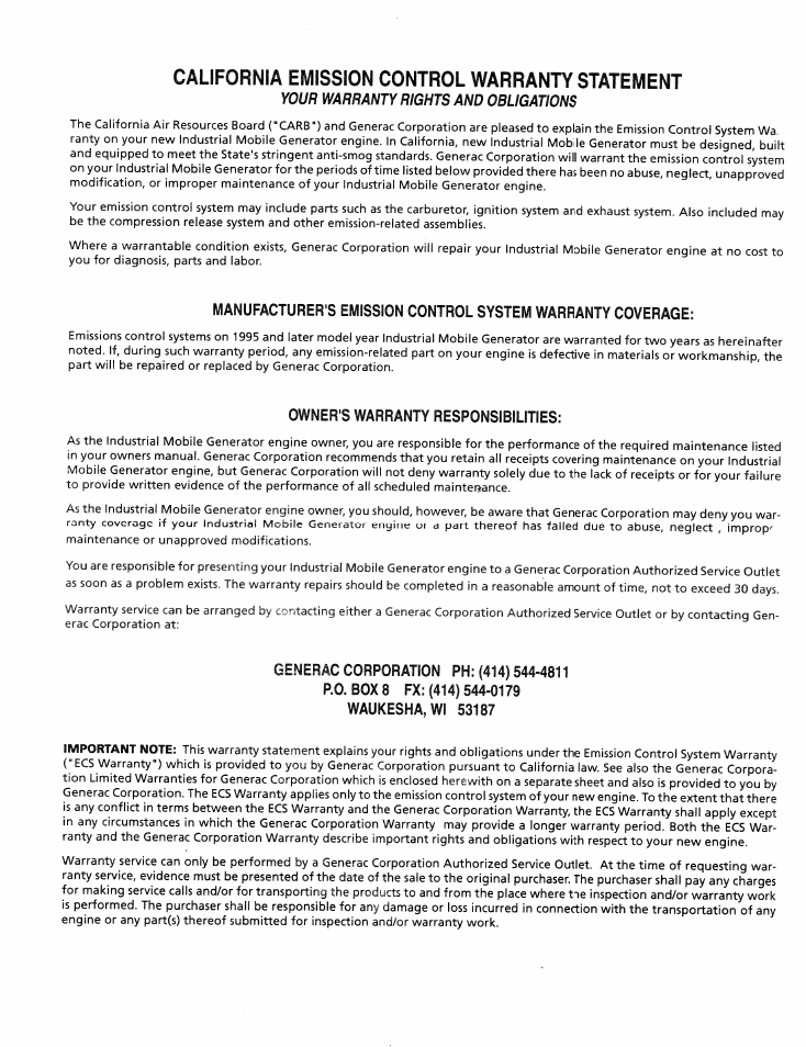 California emission control warranty statement, Youft warranty rights and obligations, Owner's warranty responsibilities | Generac Power Systems Air-cooled Industrial Mobile Generator 09843-2 User Manual | Page 30 / 32