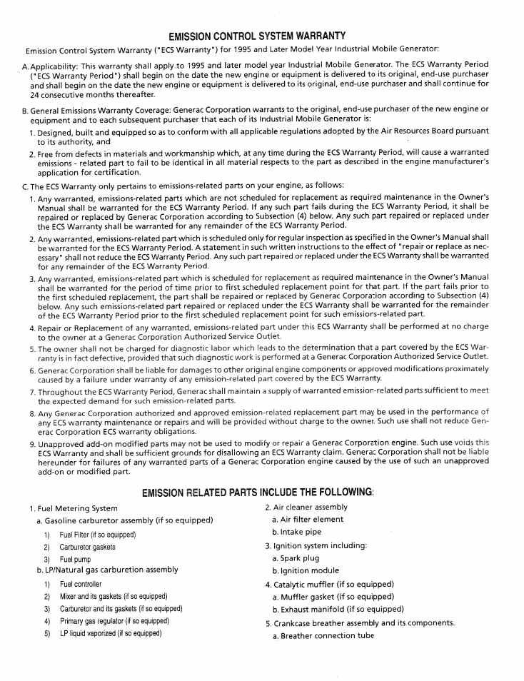 Eilssion control system warranty, Emission related parts include the following | Generac Power Systems Air-cooled Industrial Mobile Generator 09843-2 User Manual | Page 31 / 32