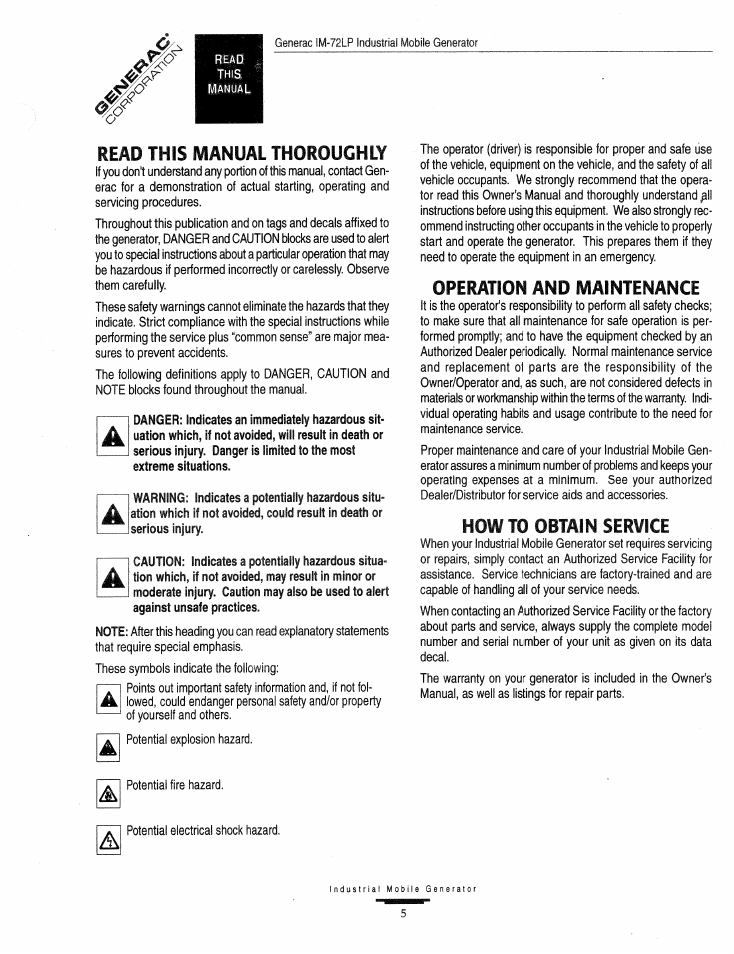 Read this manual thoroughly, Operation and maintenance, How to obtain service | Generac Power Systems Air-cooled Industrial Mobile Generator 09843-2 User Manual | Page 5 / 32
