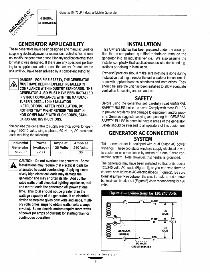 Generator applicability, Installation, Safety | Generator ac conneqion system, Generator ac connection system -7 | Generac Power Systems Air-cooled Industrial Mobile Generator 09843-2 User Manual | Page 6 / 32