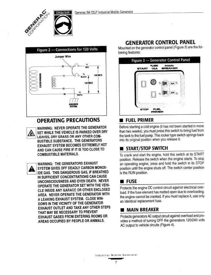 Operating precautions, Generator control panel, Breaker | Generac Power Systems Air-cooled Industrial Mobile Generator 09843-2 User Manual | Page 7 / 32