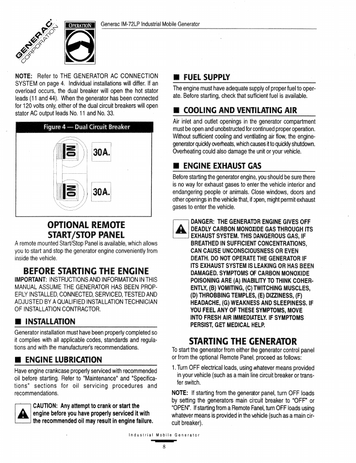 Optional remote start/stop panel, Starting the generator, Starting the generator -9 | Drive belt, Before startinc the engine, 30a. optional remote start/stop panel | Generac Power Systems Air-cooled Industrial Mobile Generator 09843-2 User Manual | Page 8 / 32