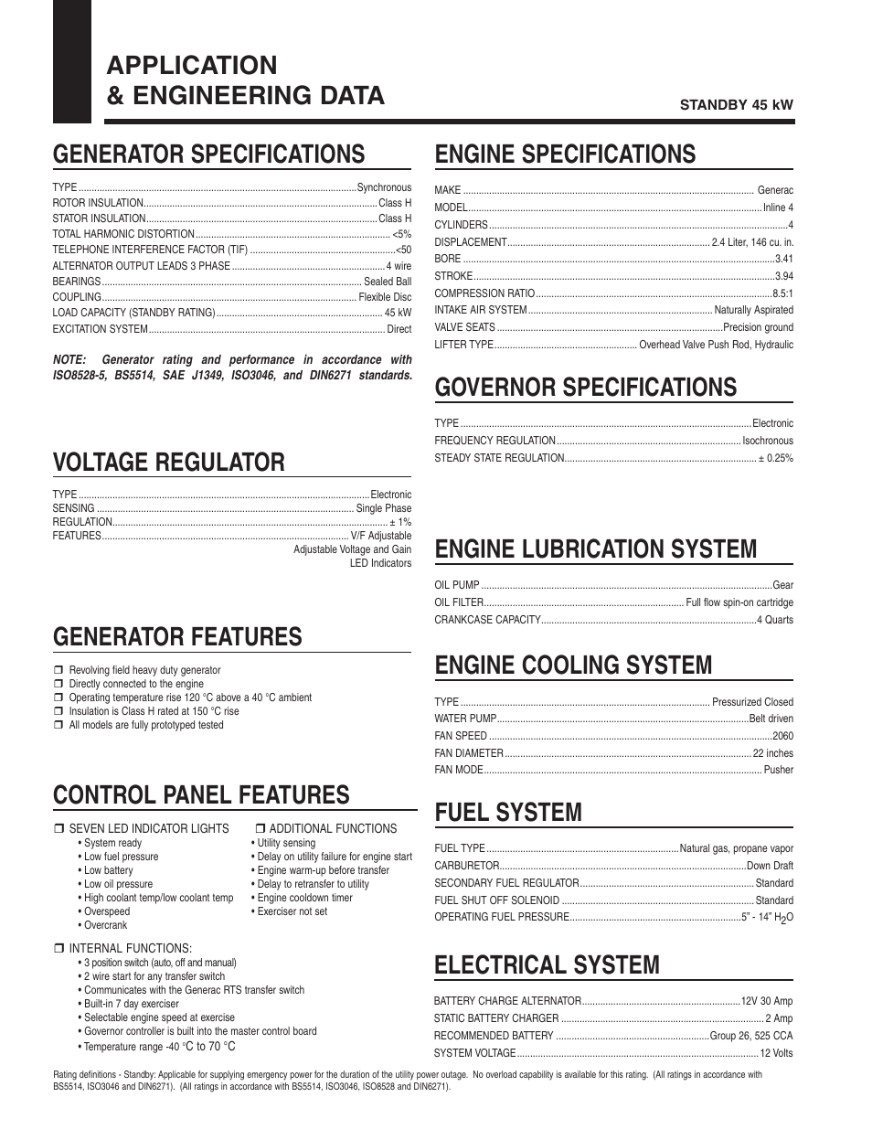 Application & engineering data, Generator specifications, Generator features | Voltage regulator, Control panel features, Engine specifications, Governor specifications, Engine lubrication system, Engine cooling system, Fuel system | Generac Power Systems Whisper Test 5261 User Manual | Page 2 / 4