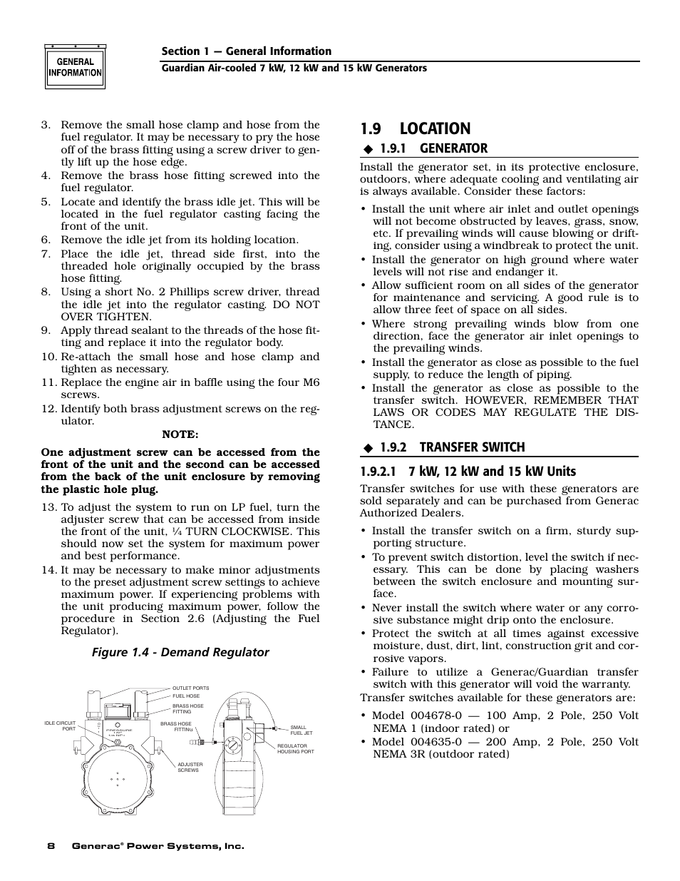 9 location, 1 generator, Figure 1.4 - demand regulator | Generac Power Systems 04758-1 User Manual | Page 10 / 56