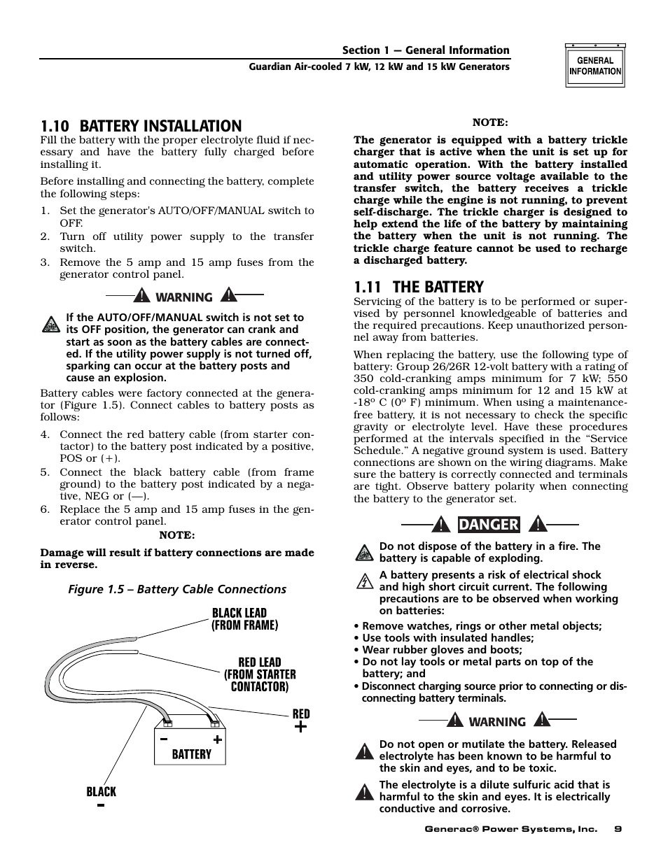 10 battery installation, 11 the battery, Danger | Generac Power Systems 04758-1 User Manual | Page 11 / 56