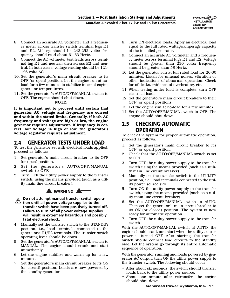 4 generator tests under load, 5 checking automatic operation | Generac Power Systems 04758-1 User Manual | Page 13 / 56