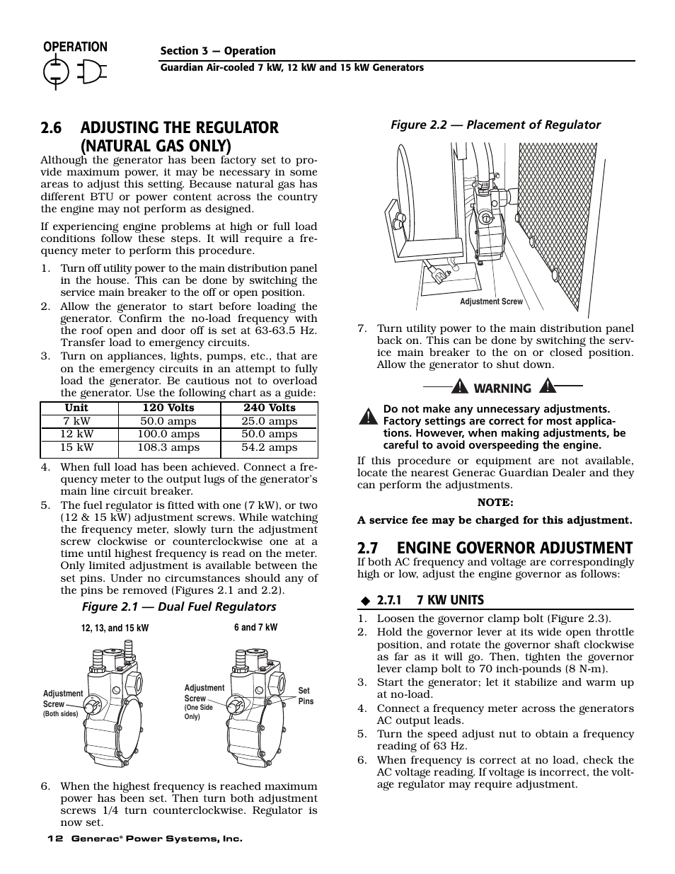 6 adjusting the regulator (natural gas only), 7 engine governor adjustment | Generac Power Systems 04758-1 User Manual | Page 14 / 56