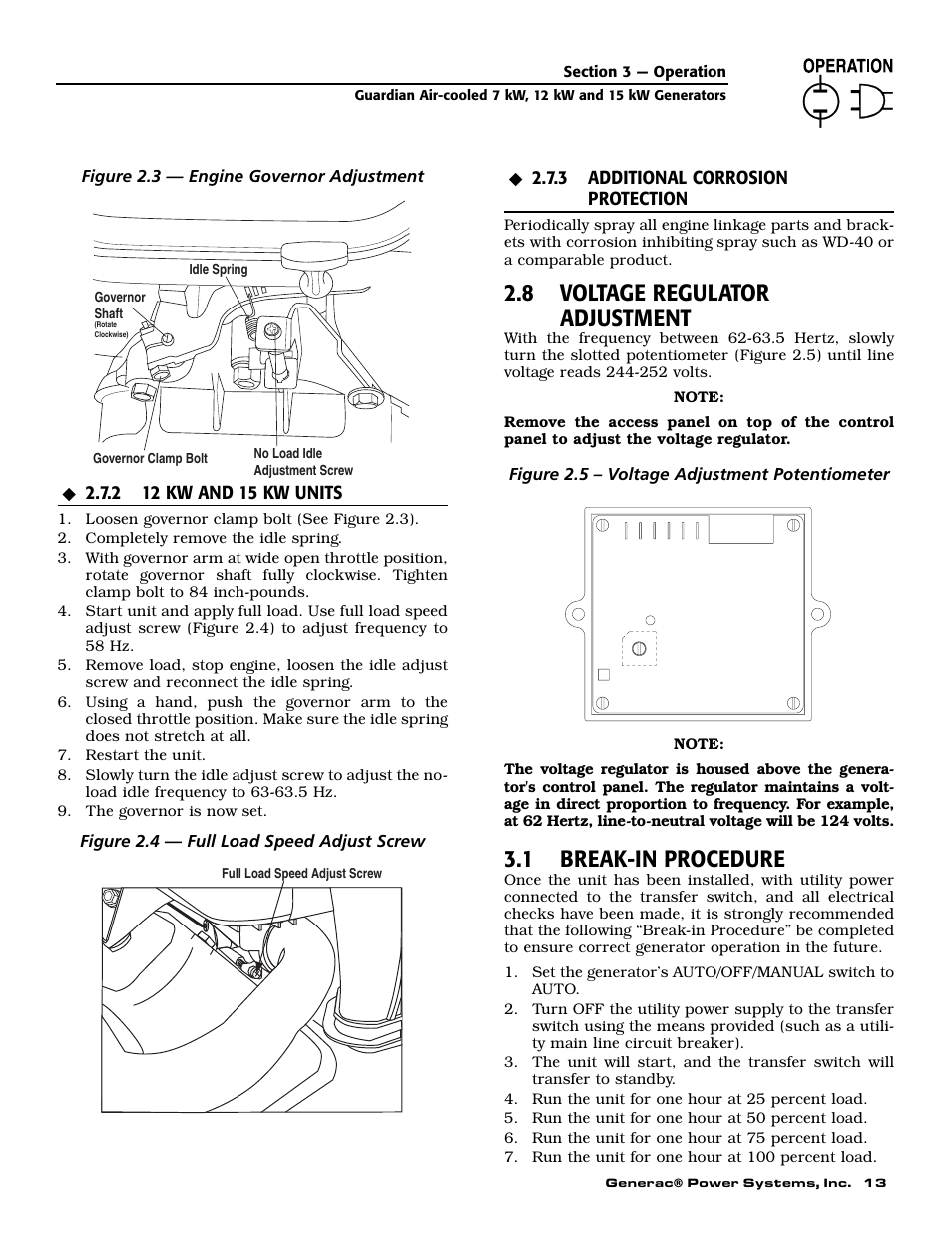 8 voltage regulator adjustment, 1 break-in procedure | Generac Power Systems 04758-1 User Manual | Page 15 / 56