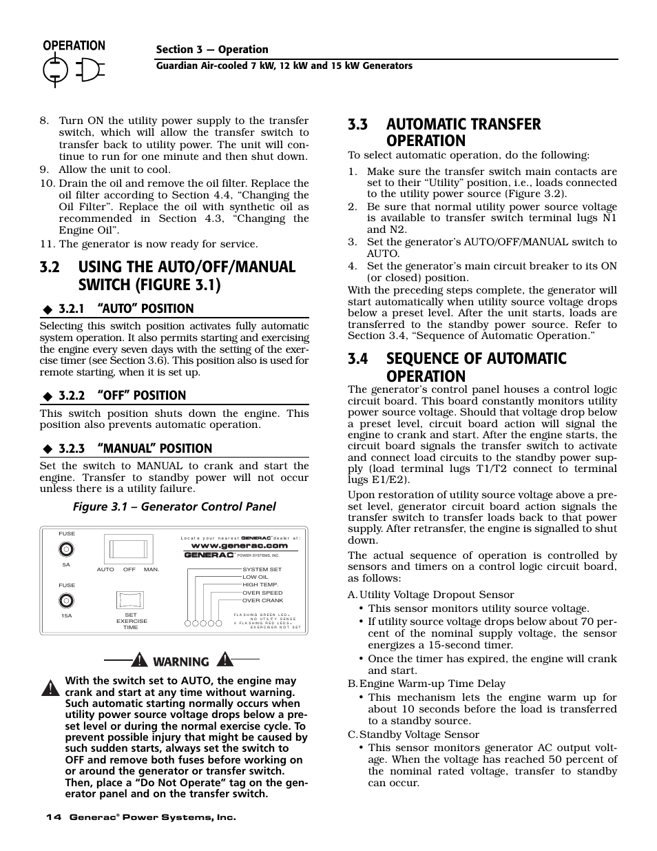 2 using the auto/off/manual switch (figure 3.1), 3 automatic transfer operation, 4 sequence of automatic operation | 1 “auto” position, 2 “off” position, 3 “manual” position, Figure 3.1 – generator control panel | Generac Power Systems 04758-1 User Manual | Page 16 / 56
