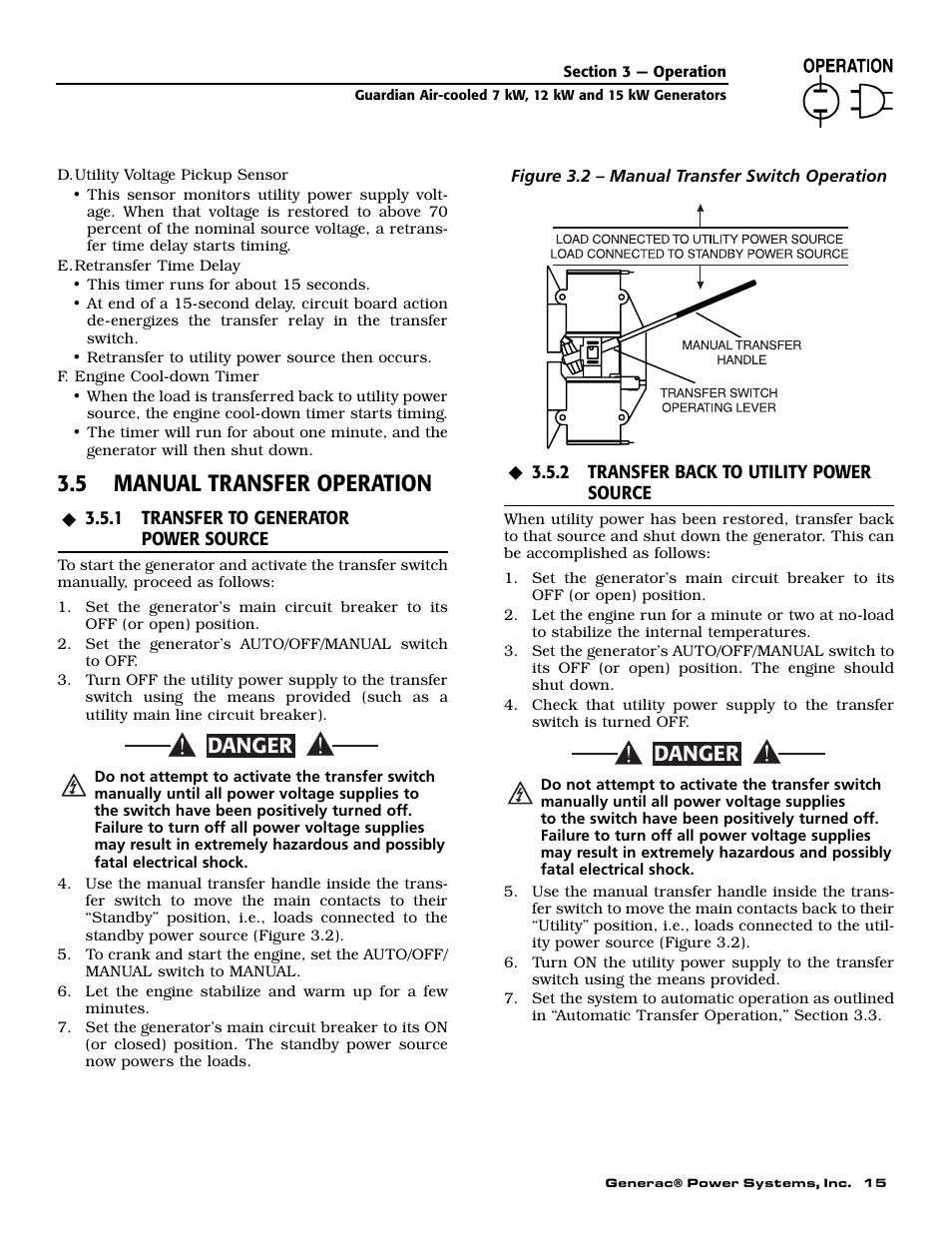 5 manual transfer operation, Danger | Generac Power Systems 04758-1 User Manual | Page 17 / 56