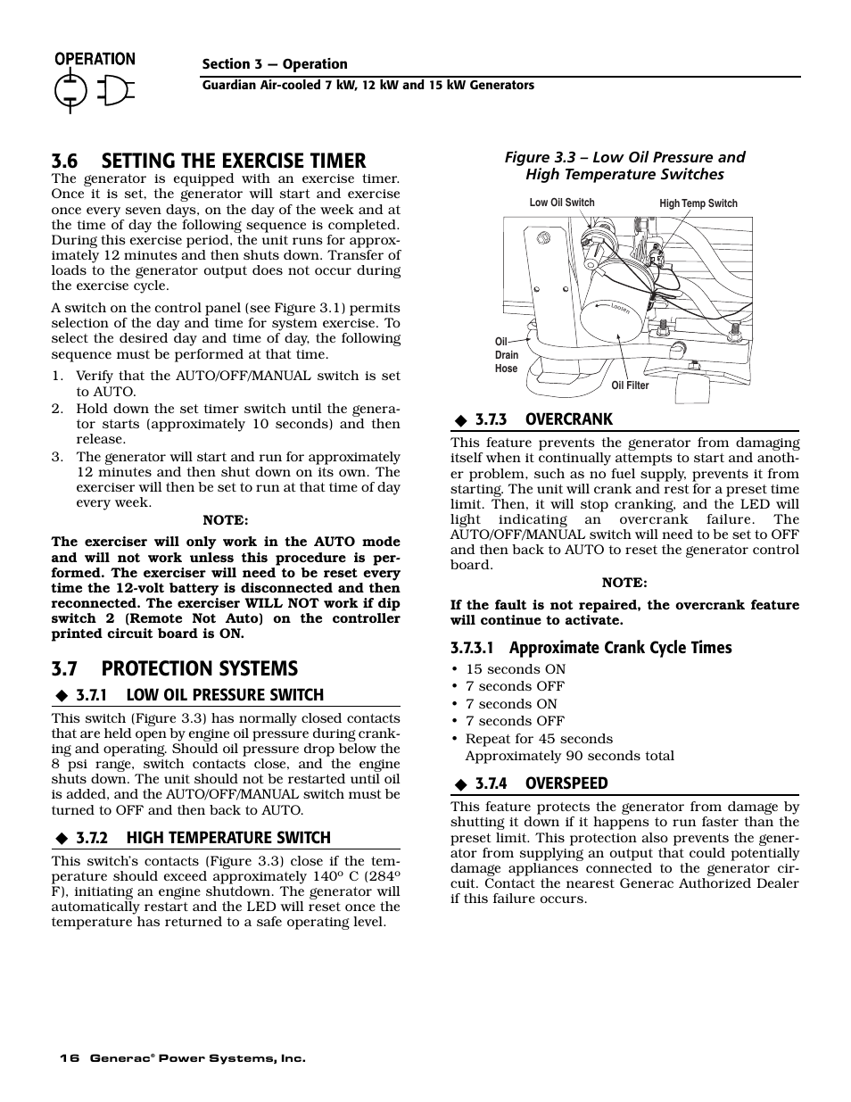 6 setting the exercise timer, 7 protection systems | Generac Power Systems 04758-1 User Manual | Page 18 / 56