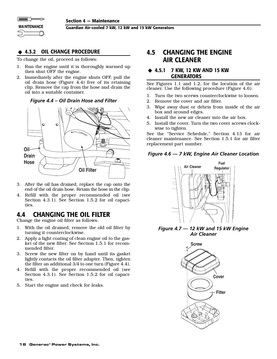 4 changing the oil filter, 5 changing the engine air cleaner | Generac Power Systems 04758-1 User Manual | Page 20 / 56