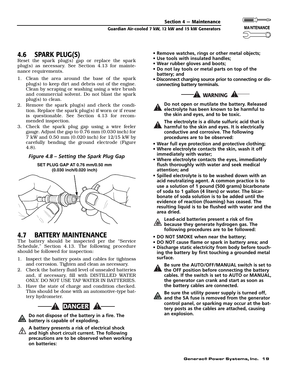 6 spark plug(s), 7 battery maintenance, Danger | Generac Power Systems 04758-1 User Manual | Page 21 / 56