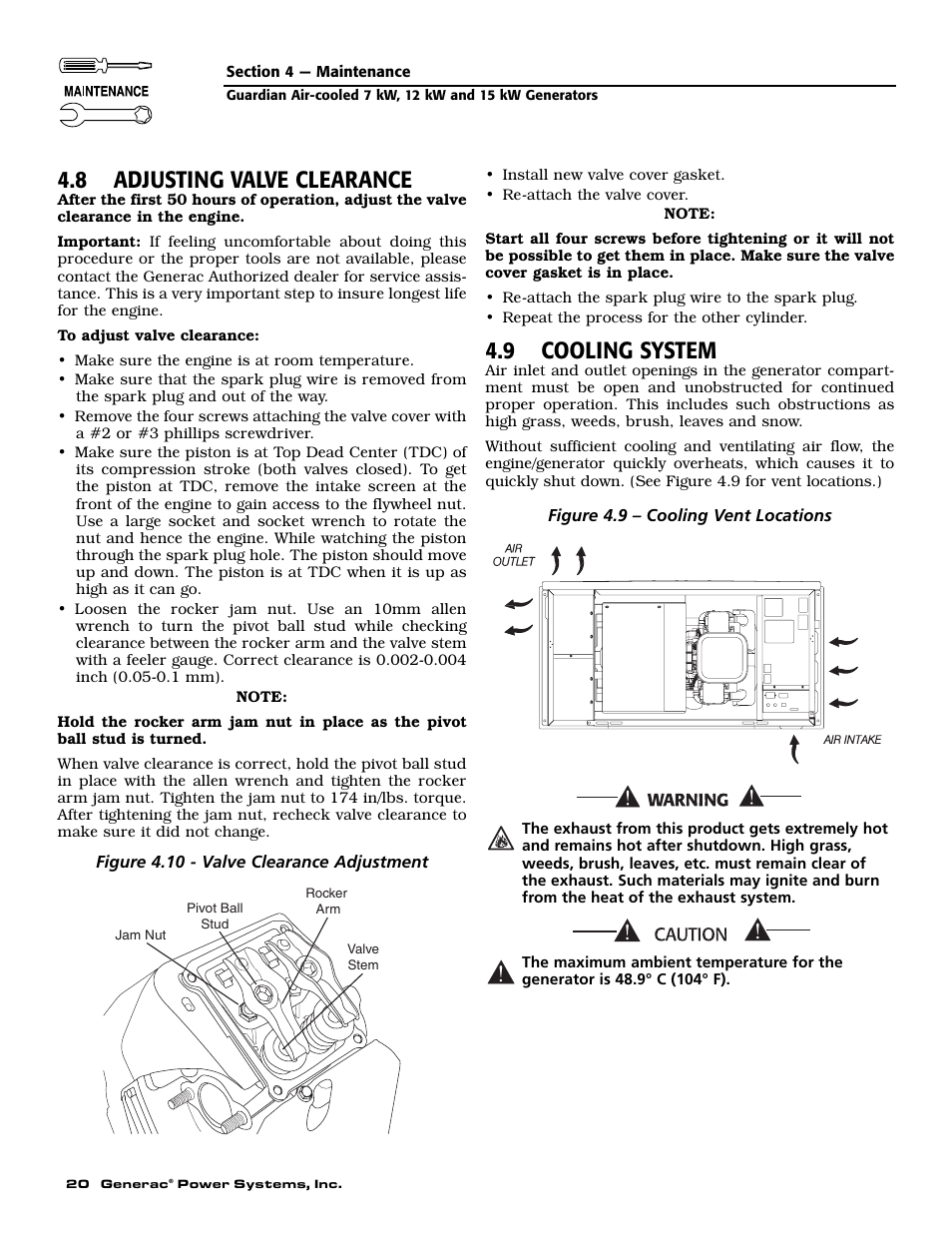 8 adjusting valve clearance, 9 cooling system | Generac Power Systems 04758-1 User Manual | Page 22 / 56