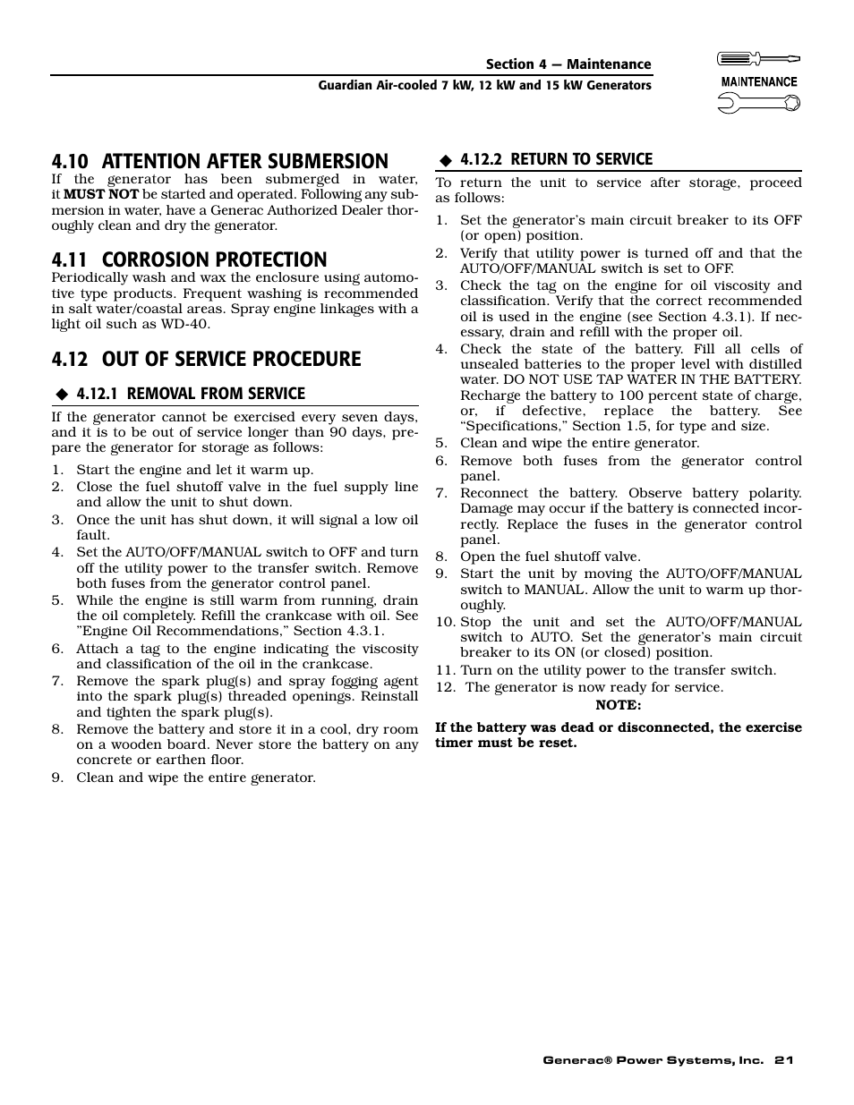10 attention after submersion, 11 corrosion protection, 12 out of service procedure | Generac Power Systems 04758-1 User Manual | Page 23 / 56