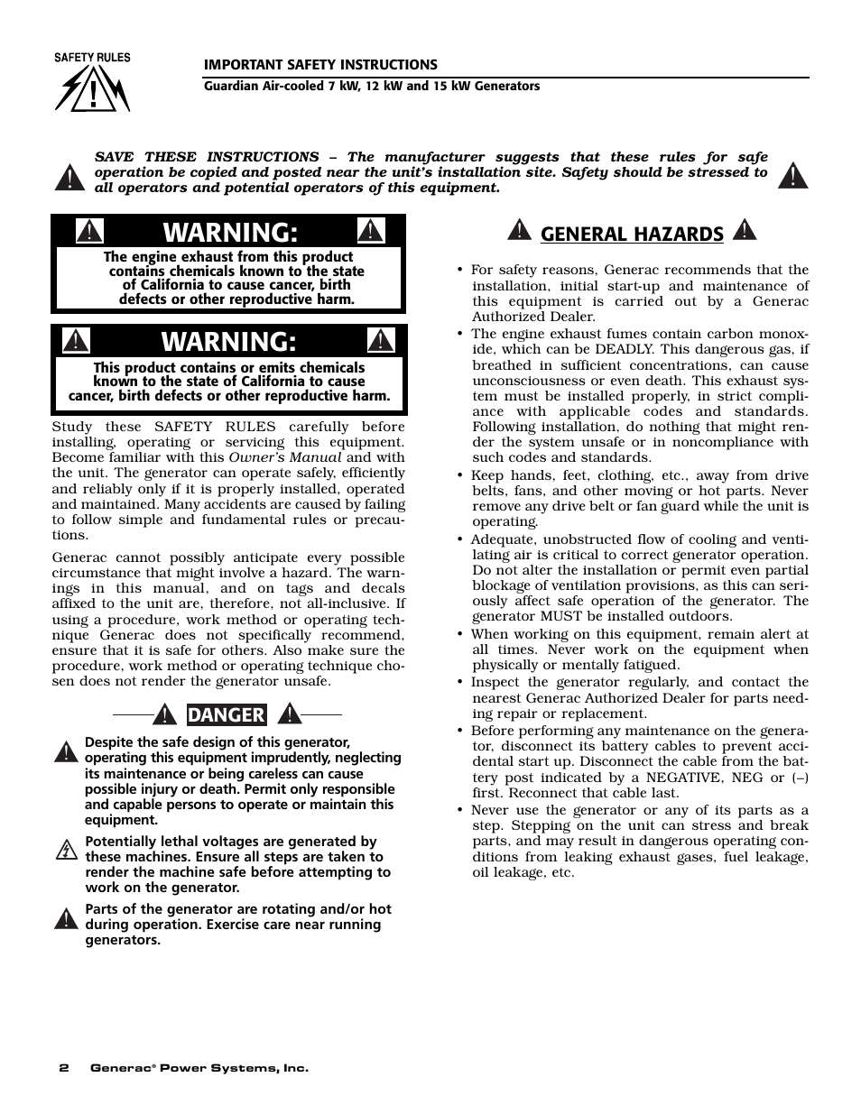 Warning, General hazards, Danger | Generac Power Systems 04758-1 User Manual | Page 4 / 56