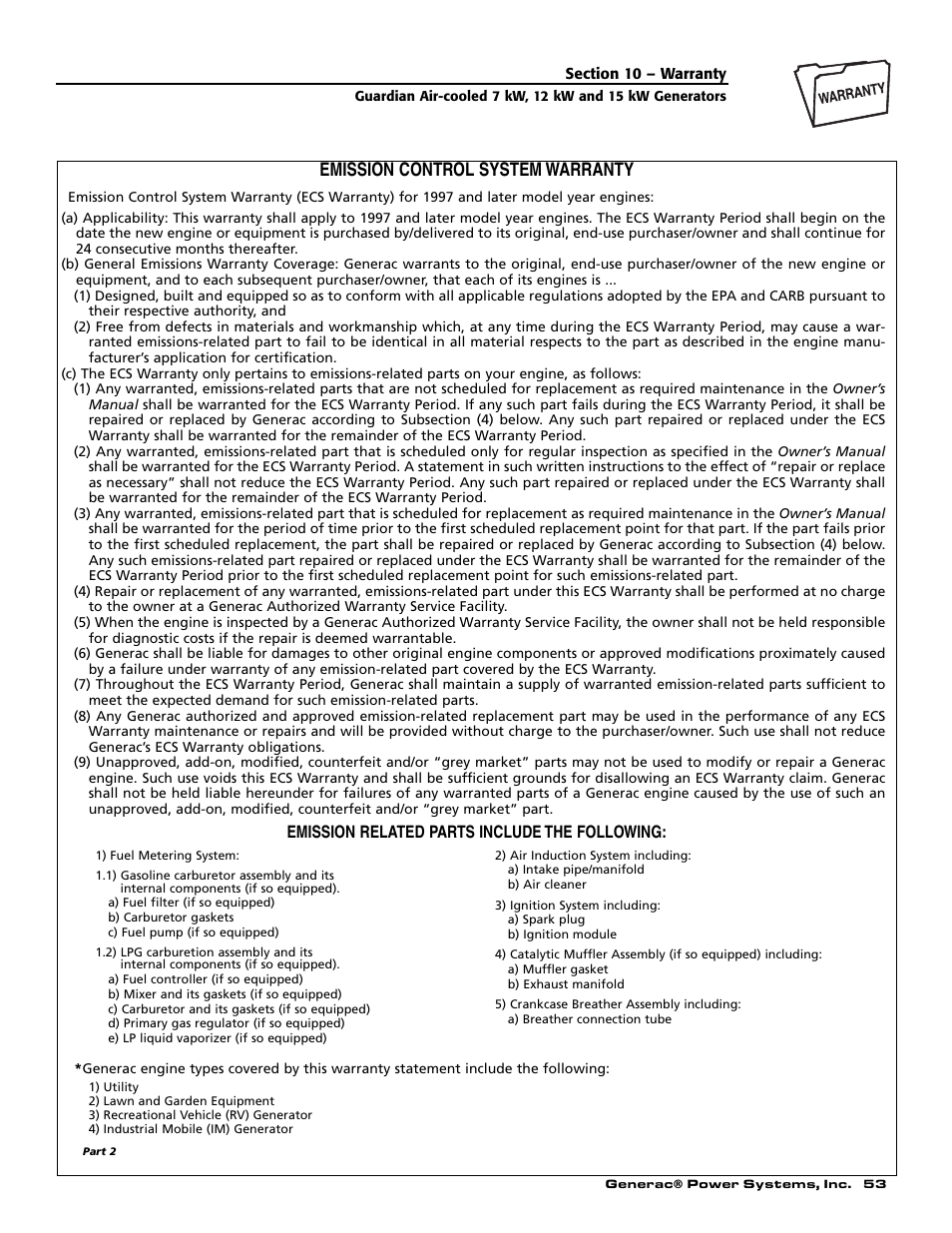 Emission control system warranty, Emission related parts include the following | Generac Power Systems 04758-1 User Manual | Page 55 / 56