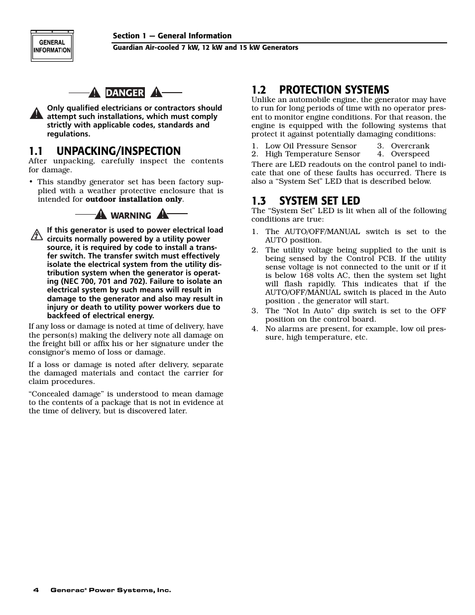 1 unpacking/inspection, 2 protection systems, 3 system set led | Generac Power Systems 04758-1 User Manual | Page 6 / 56