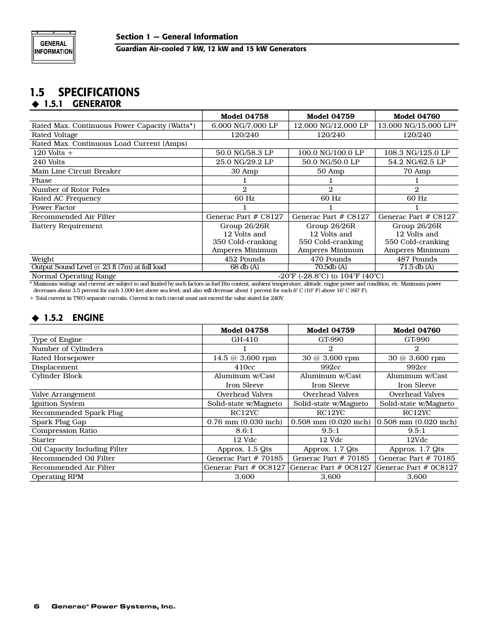 5 specifications, 1 generator, 2 engine | Generac Power Systems 04758-1 User Manual | Page 8 / 56