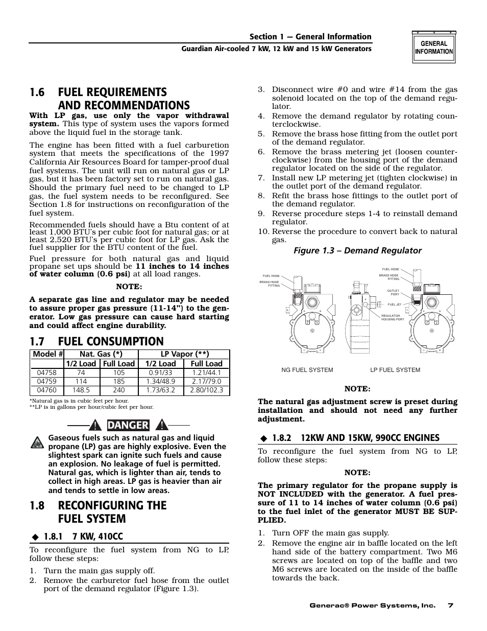6 fuel requirements and recommendations, 7 fuel consumption, 8 reconfiguring the fuel system | Danger | Generac Power Systems 04758-1 User Manual | Page 9 / 56