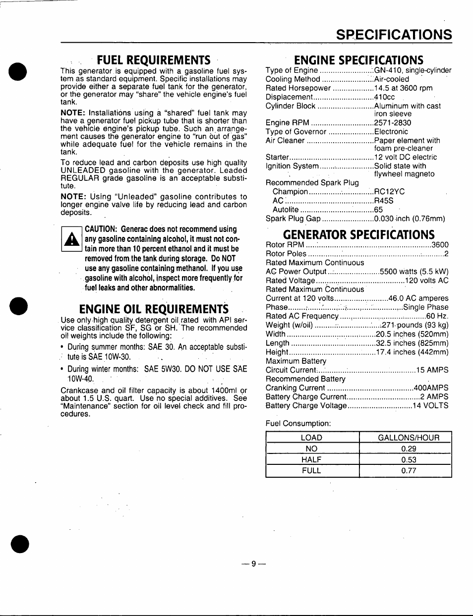 Specifications, Fuel requirements, Engine oil requirements | Engine specifications, Generator specifications | Generac Power Systems 00862-1 User Manual | Page 11 / 52